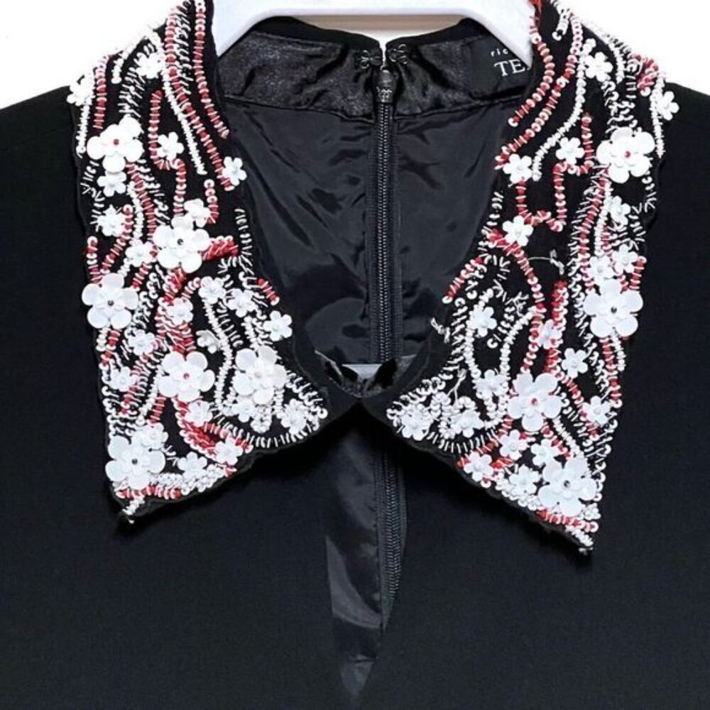 NWT rickie freeman Teri Jon Peplum Hem Embellished Collar Black Shift Dress Sz 6 - Picture 2 of 7
